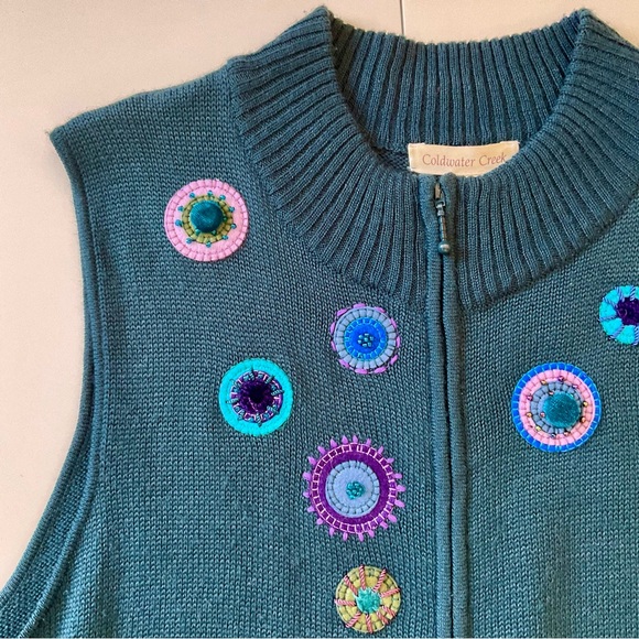 Plus Coldwater Creek Teal Knit Vest Appliqué & Bead Embellished 1X - Picture 4 of 11